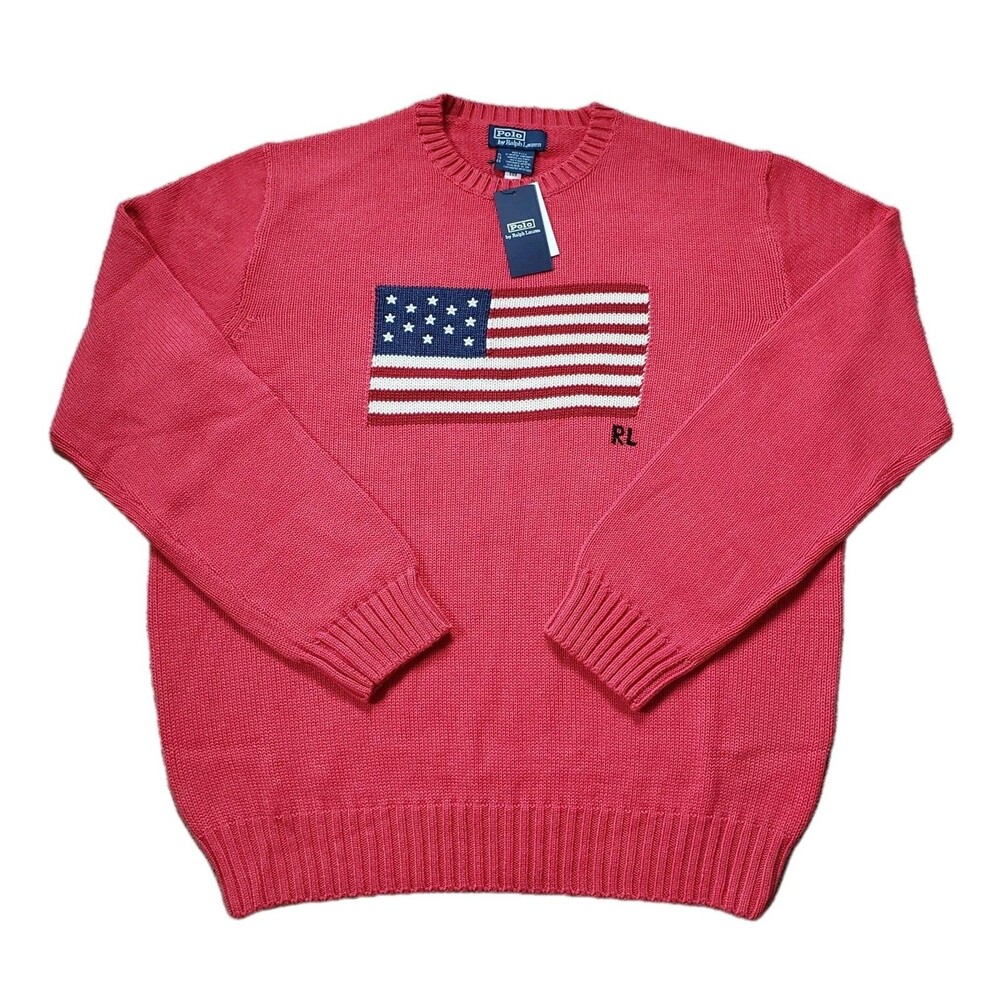 NWT Polo Ralph Lauren Iconic Flag Size XL Unisex USA Made Topaz Red Sweater